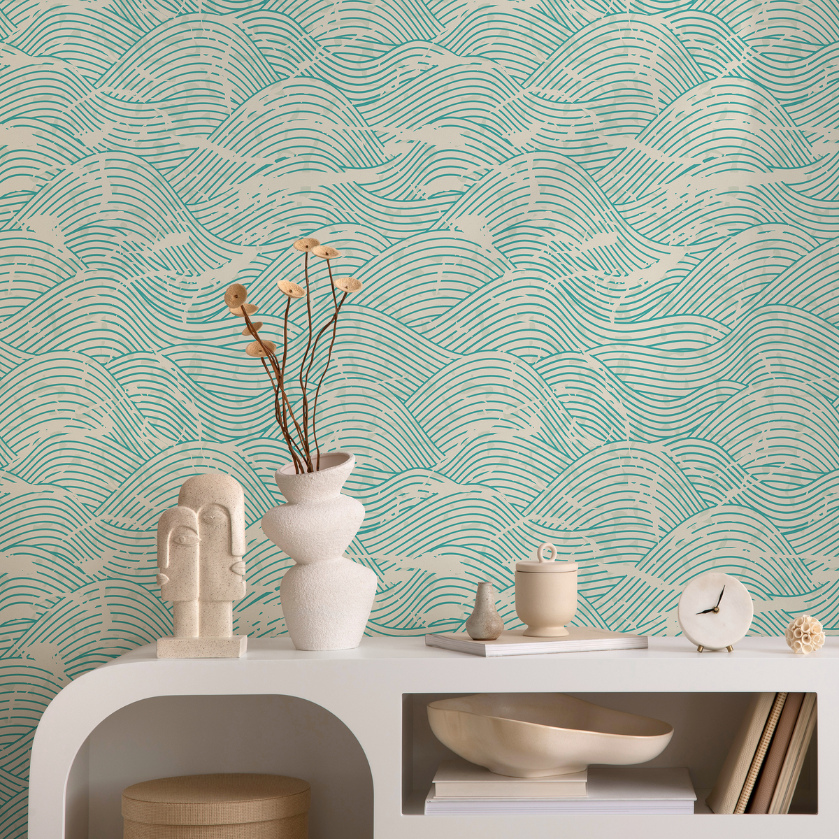 Coastal Wallpaper Featuring a Distressed Wave Motif in Teal and Beige - detail view