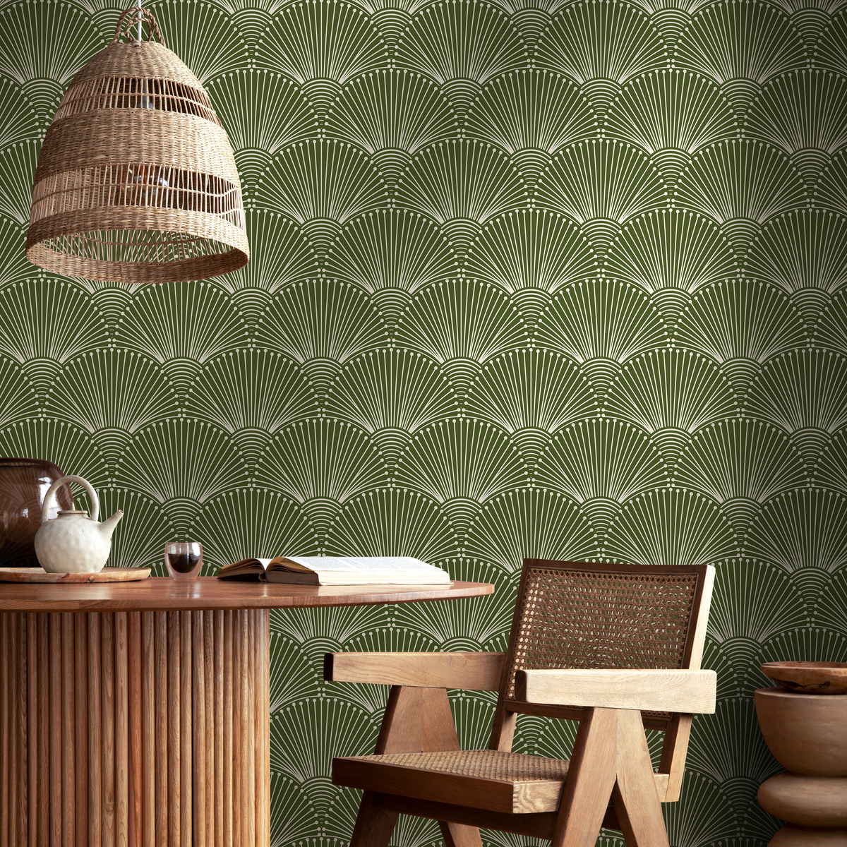 Art Deco Wallpaper with a Scalloped Fan Motif in Green and Cream - detail view