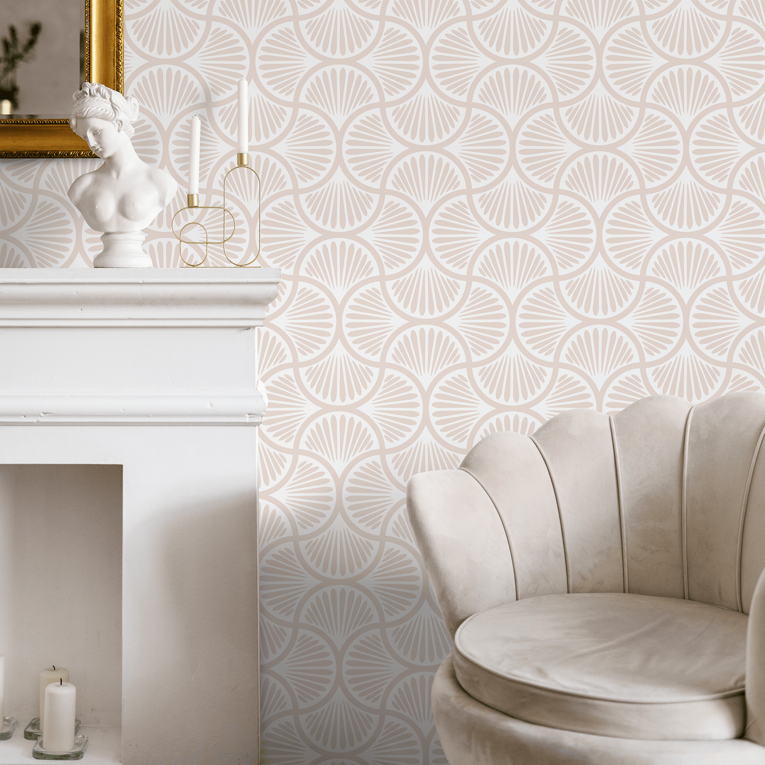 Art Deco Wallpaper with a Scalloped Fan Motif in Beige - B939