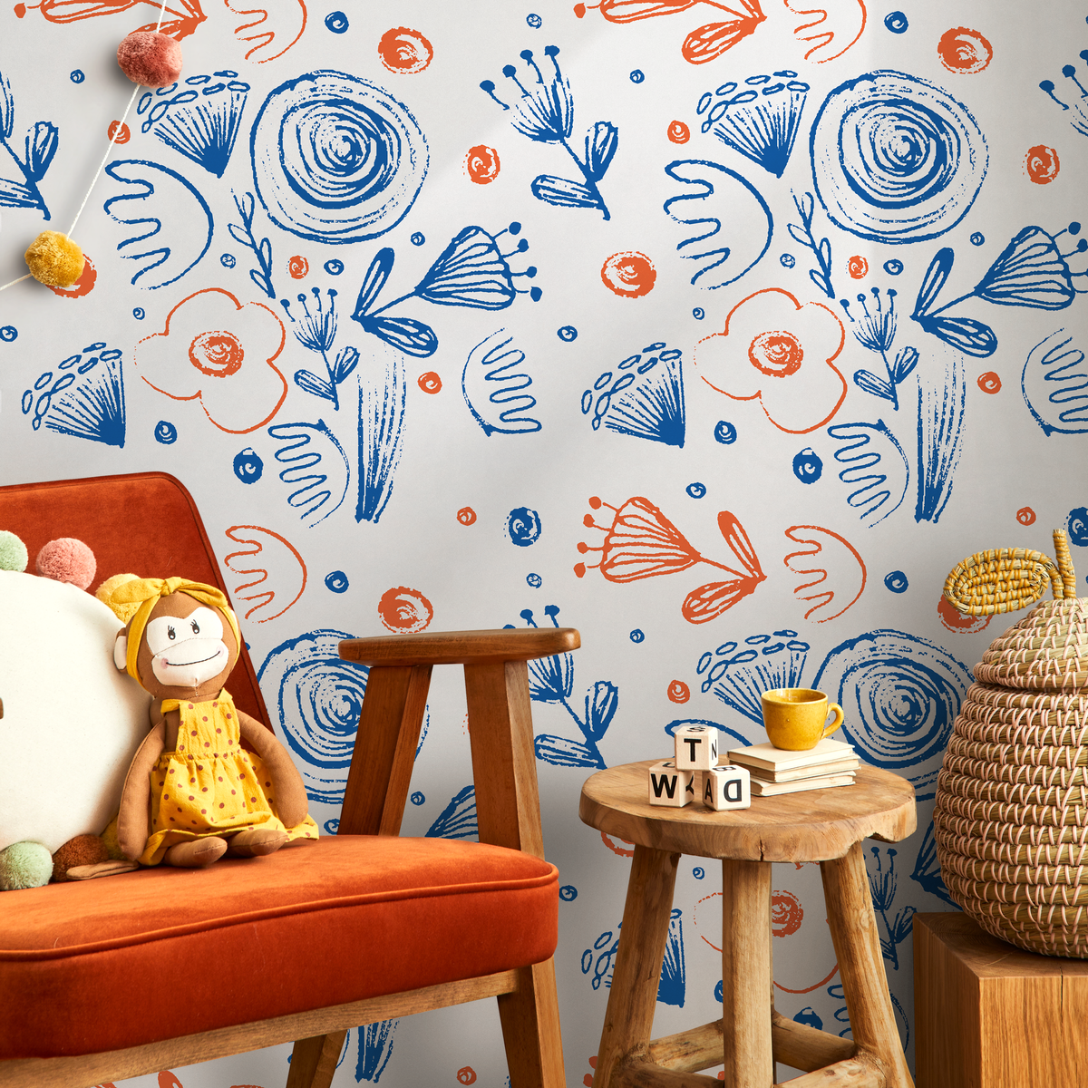 Abstract Floral Wallpaper with Sketchy Botanical Motifs in Blue and Orange - detail view