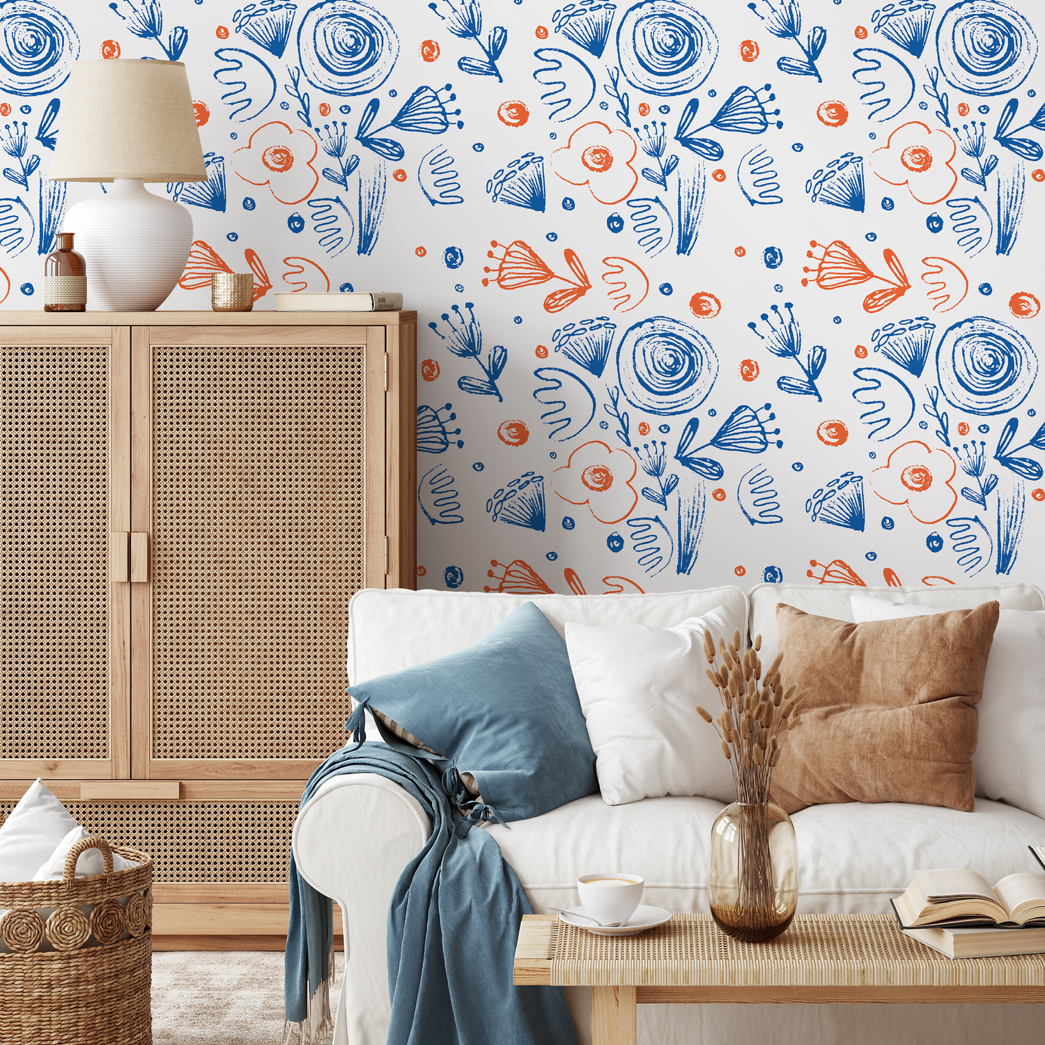Abstract Floral Wallpaper with Sketchy Botanical Motifs in Blue and Orange - B943