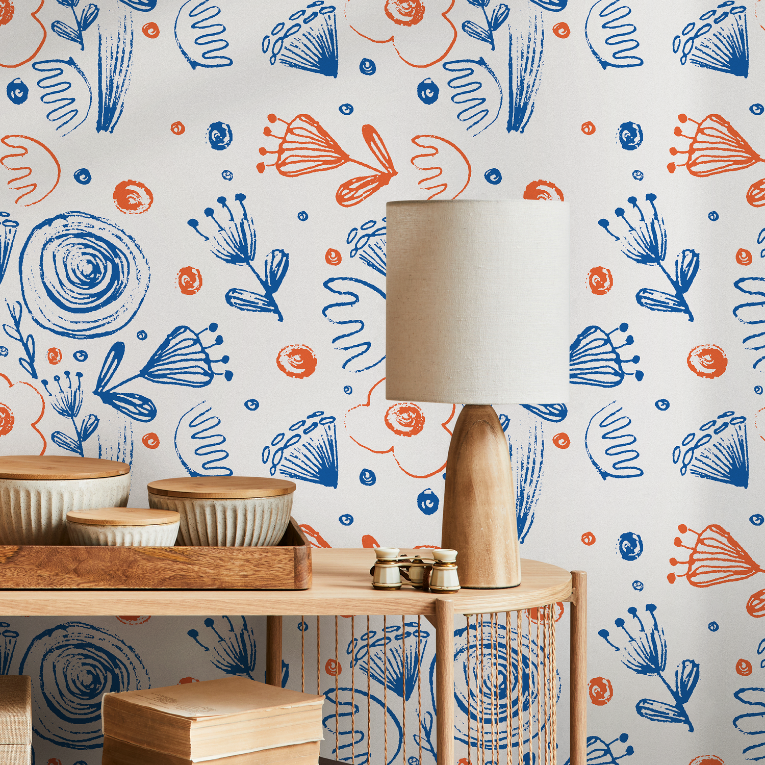 Abstract Floral Wallpaper with Sketchy Botanical Motifs in Blue and Orange - B943