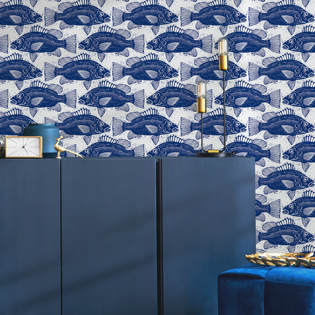 Nautical Wallpaper with a Block Print Fish Motif in Blue - detail view