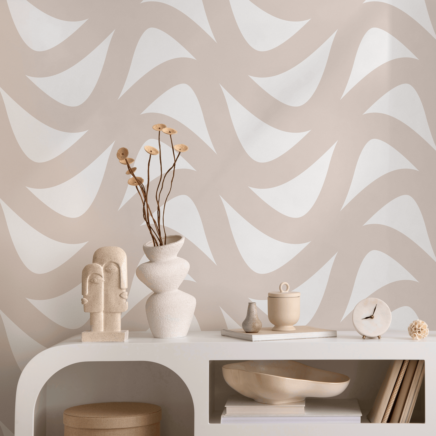 Abstract Wallpaper with a Flowing Wave Motif in Beige and Cream - B945