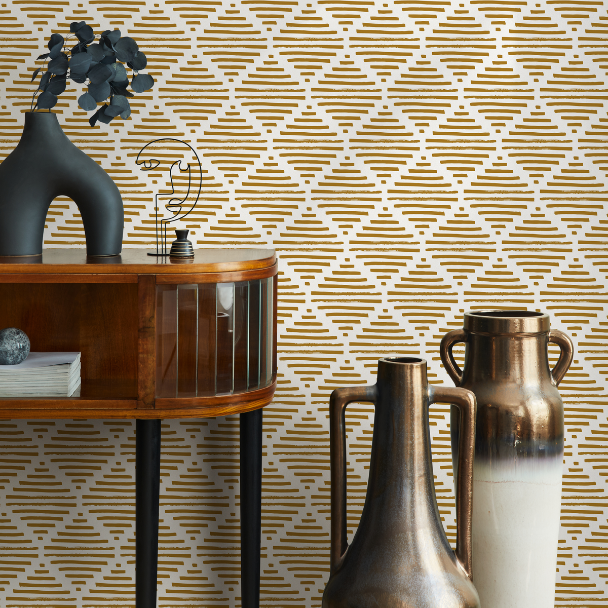 Abstract Wallpaper with a Textured Line Motif in Ochre - detail view
