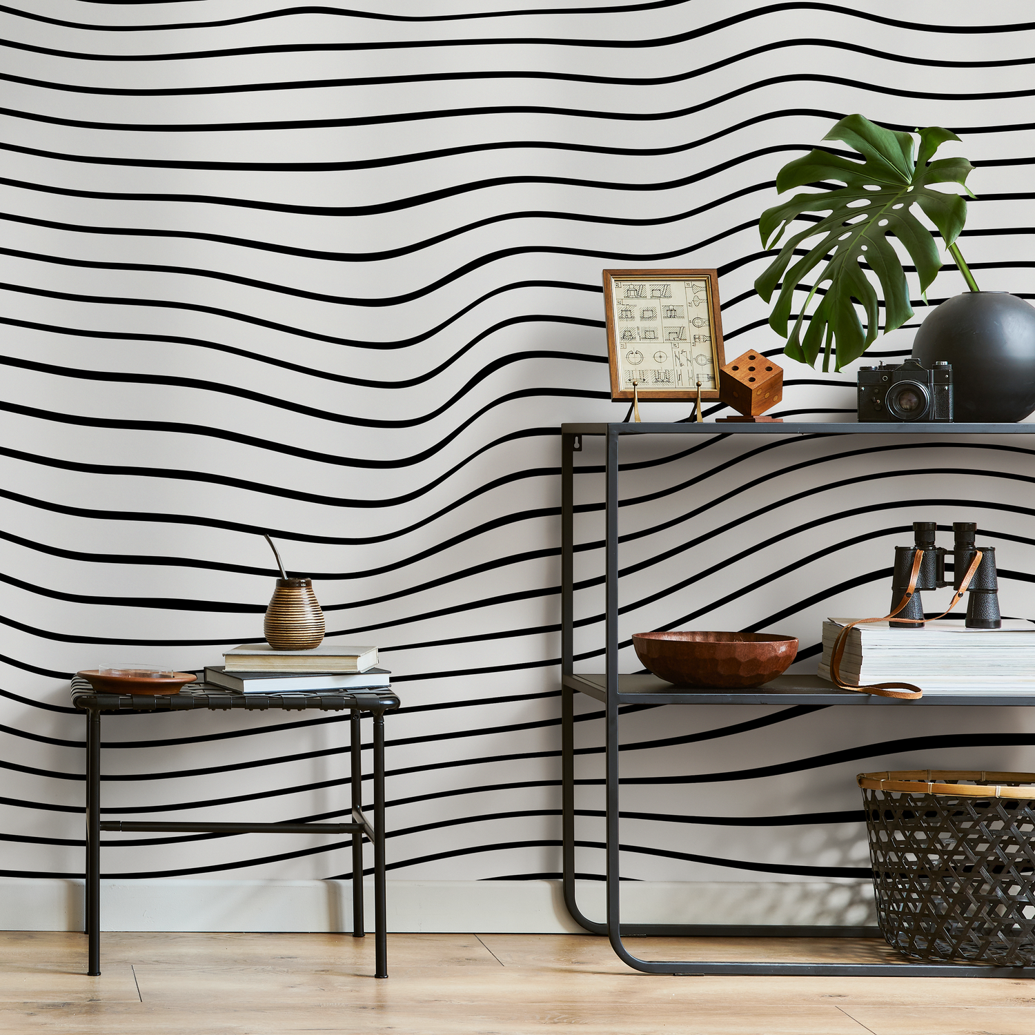 Abstract Wallpaper with 3D Wavy Lines in Black and White - B948