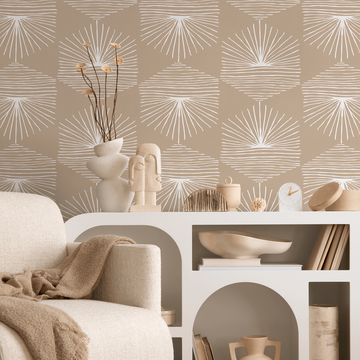 Sunburst Wallpaper in Beige and White - detail view