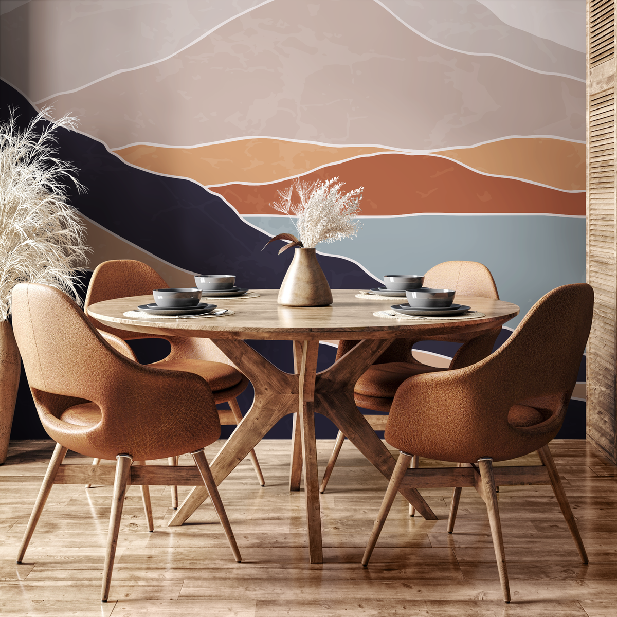 Abstract Wallpaper with a Minimal Landscape in Terracotta, Navy, and Beige - detail view
