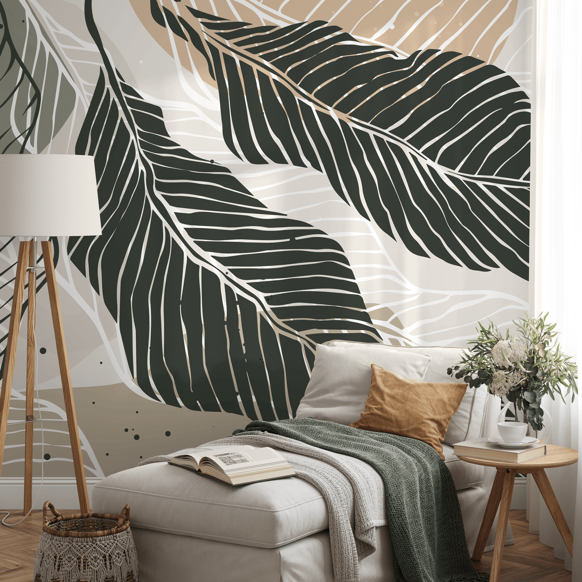 Botanical Wallpaper with Stylized Leaves in Green, Beige, and Black - detail view
