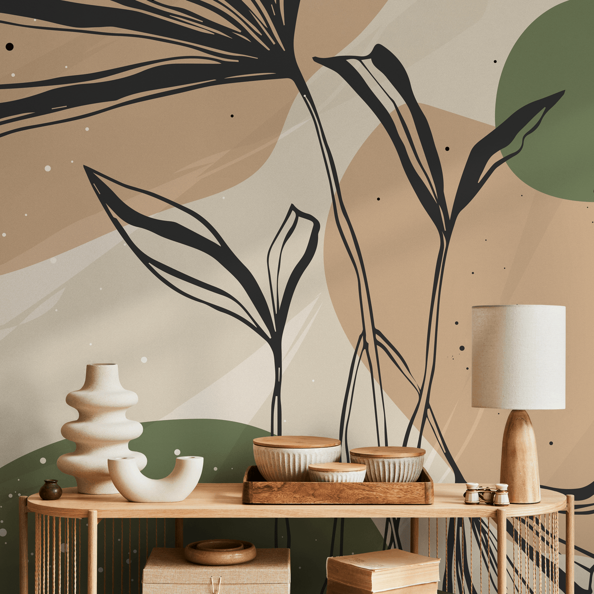 Abstract Wallpaper with Botanical Line Art in Green, Brown, and Black - detail view