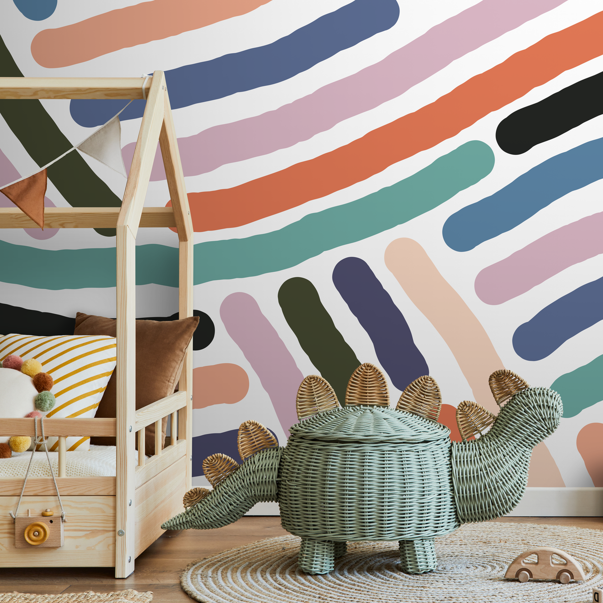 Abstract Wallpaper with Bold Brush Stroke Lines in Orange, Blue, and Teal - detail view