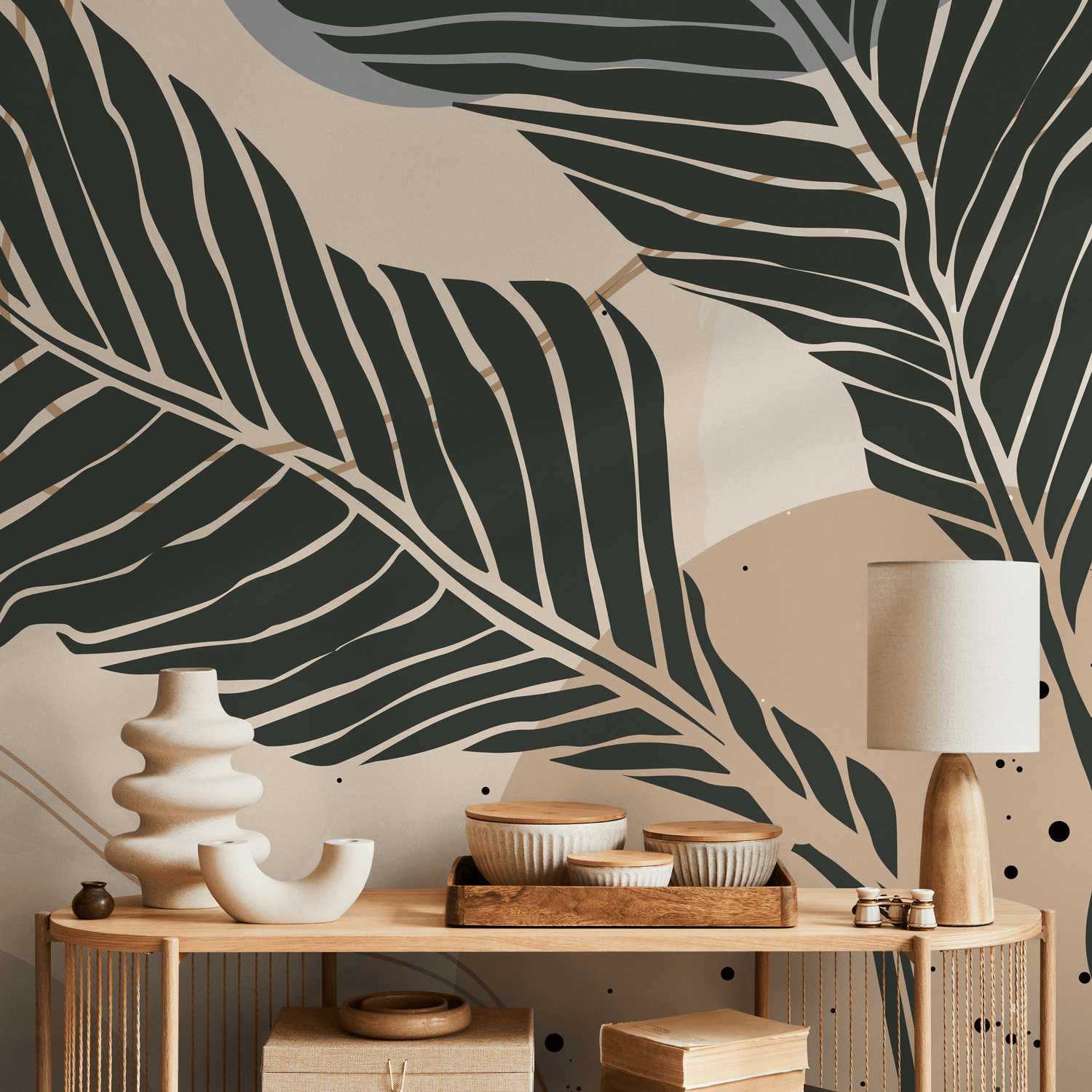Botanical Wallpaper with Large Stylized Leaves in Charcoal, Beige, and Grey - B958
