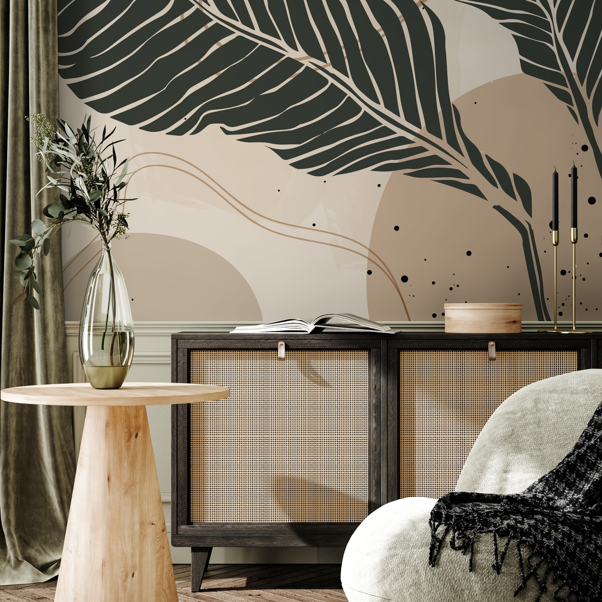 Botanical Wallpaper with Large Stylized Leaves in Charcoal, Beige, and Blue - detail view