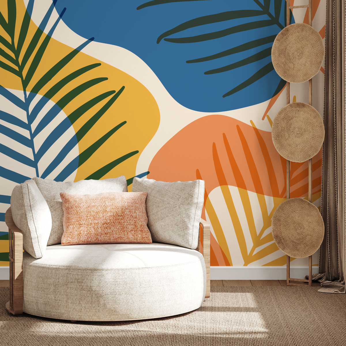 Tropical Wallpaper with Abstract Botanical Shapes in Blue, Yellow, and Orange - detail view