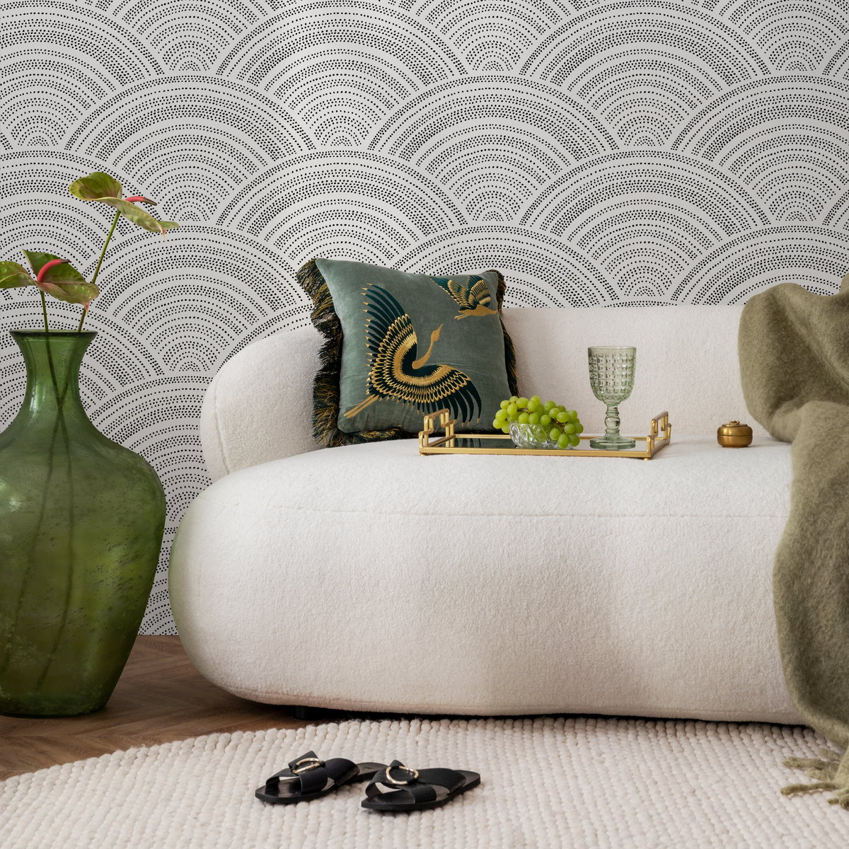 Geometric Wallpaper with Dotted Arches in Black and White - detail view
