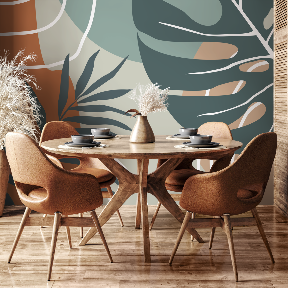 Tropical Abstract Wallpaper with Leaf Silhouettes in Terracotta and Teal - detail view