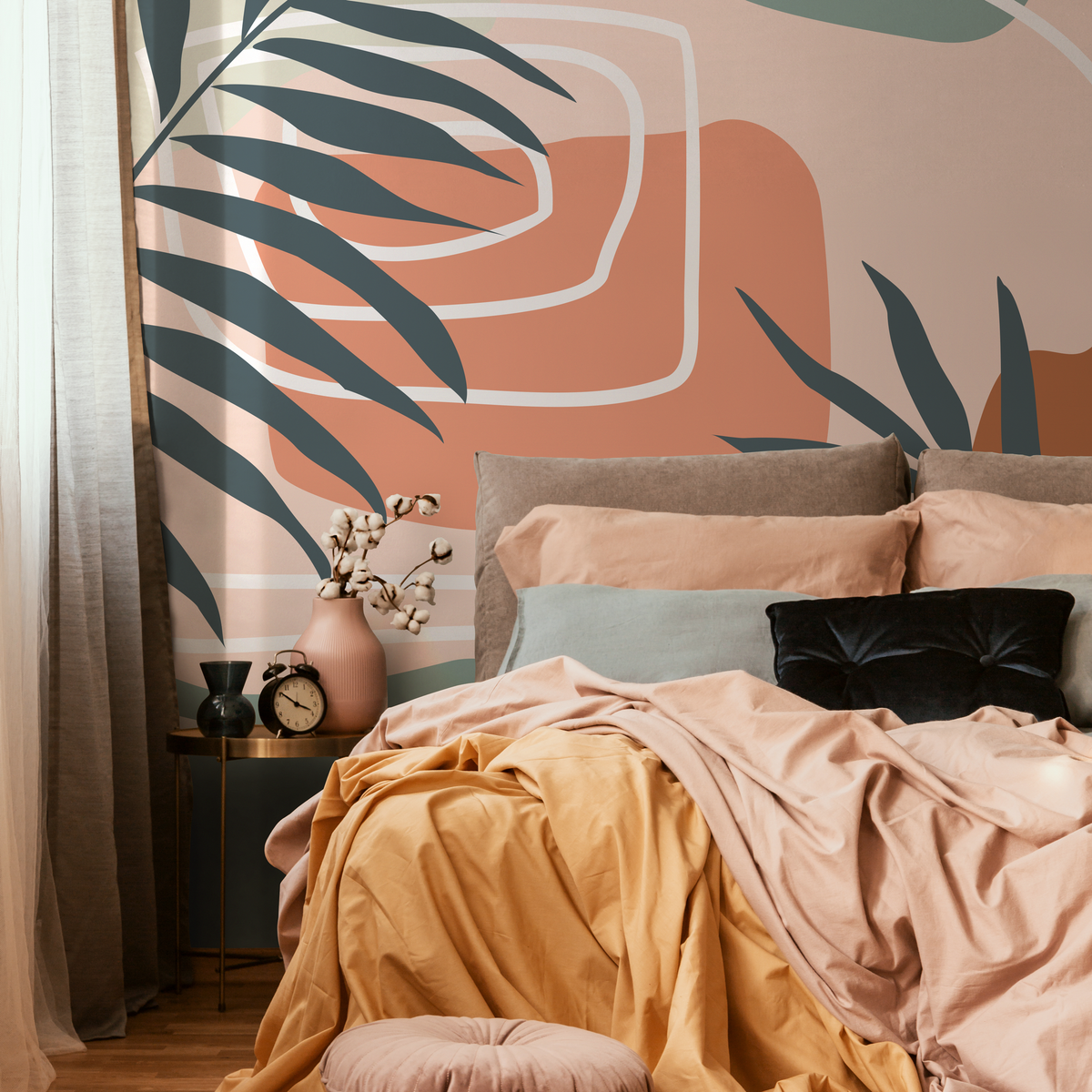 Abstract Wallpaper with a Palm Leaf in Terracotta, Sage, and Charcoal - detail view
