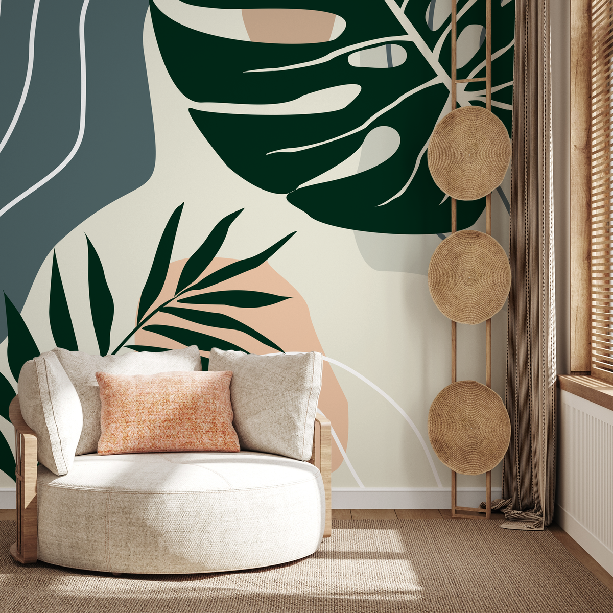 Botanical Wallpaper with Abstract Monstera Leaves in Green, Blue, and Tan - detail view