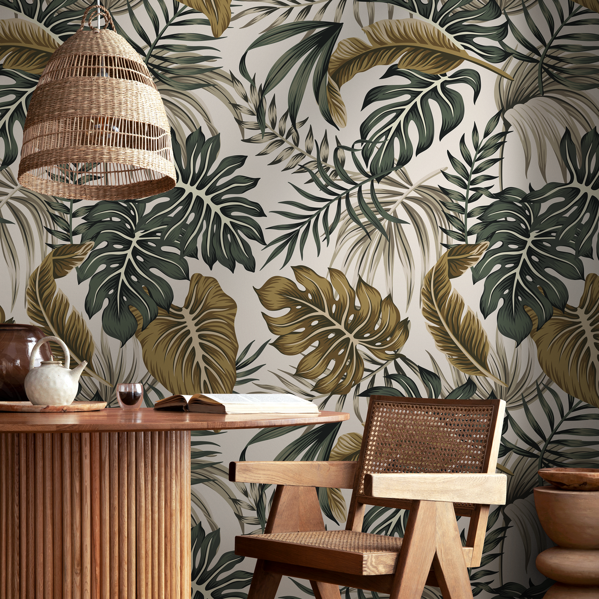 Tropical Wallpaper with Monstera and Palm Leaves in Green and Gold - detail view