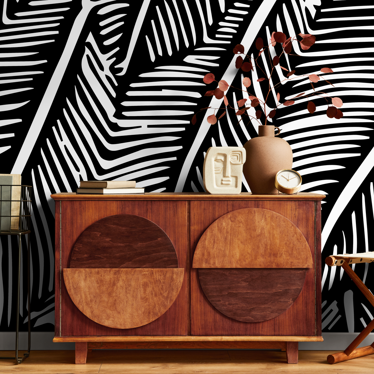 Botanical Wallpaper with Stylized Palm Leaves in Black and White - detail view