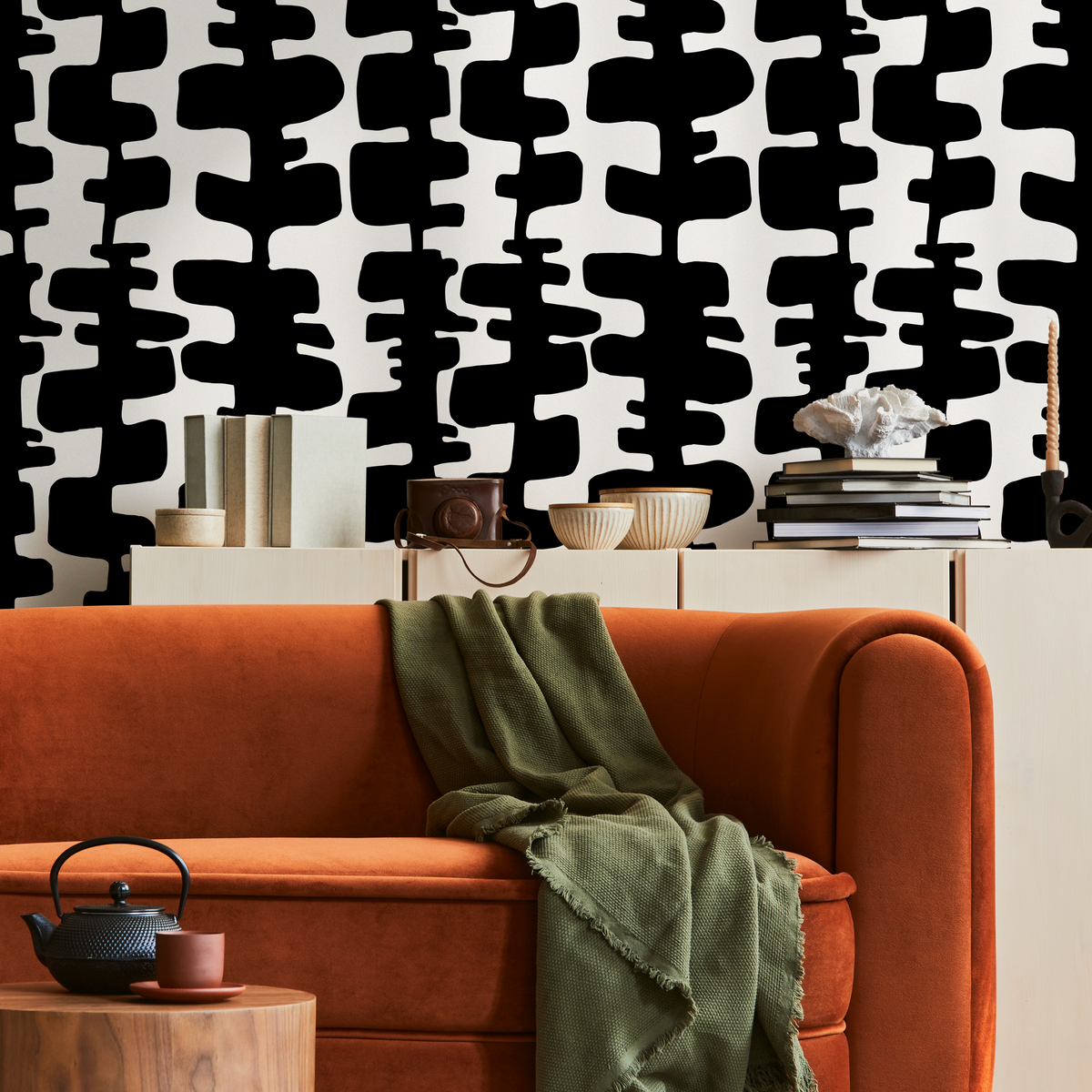 Abstract Wallpaper with Interlocking Organic Shapes in Black and White - detail view