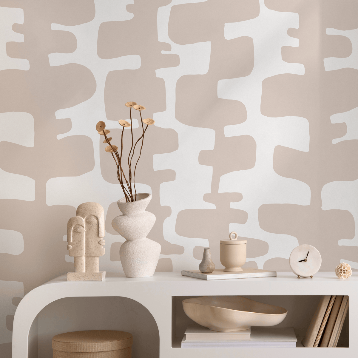 Abstract Wallpaper with Organic Block Shapes in Beige and Off-White - detail view