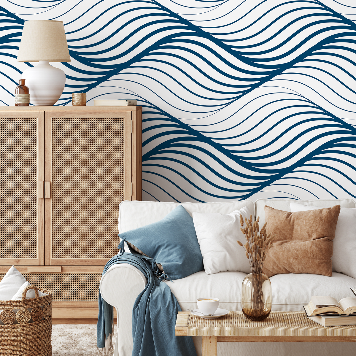 Wave Wallpaper with a Flowing Lines Motif in Blue - detail view