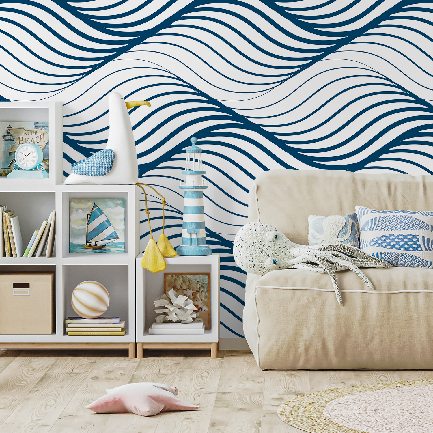 Modern Wave Wallpaper with a Flowing Lines Motif in Blue - B970