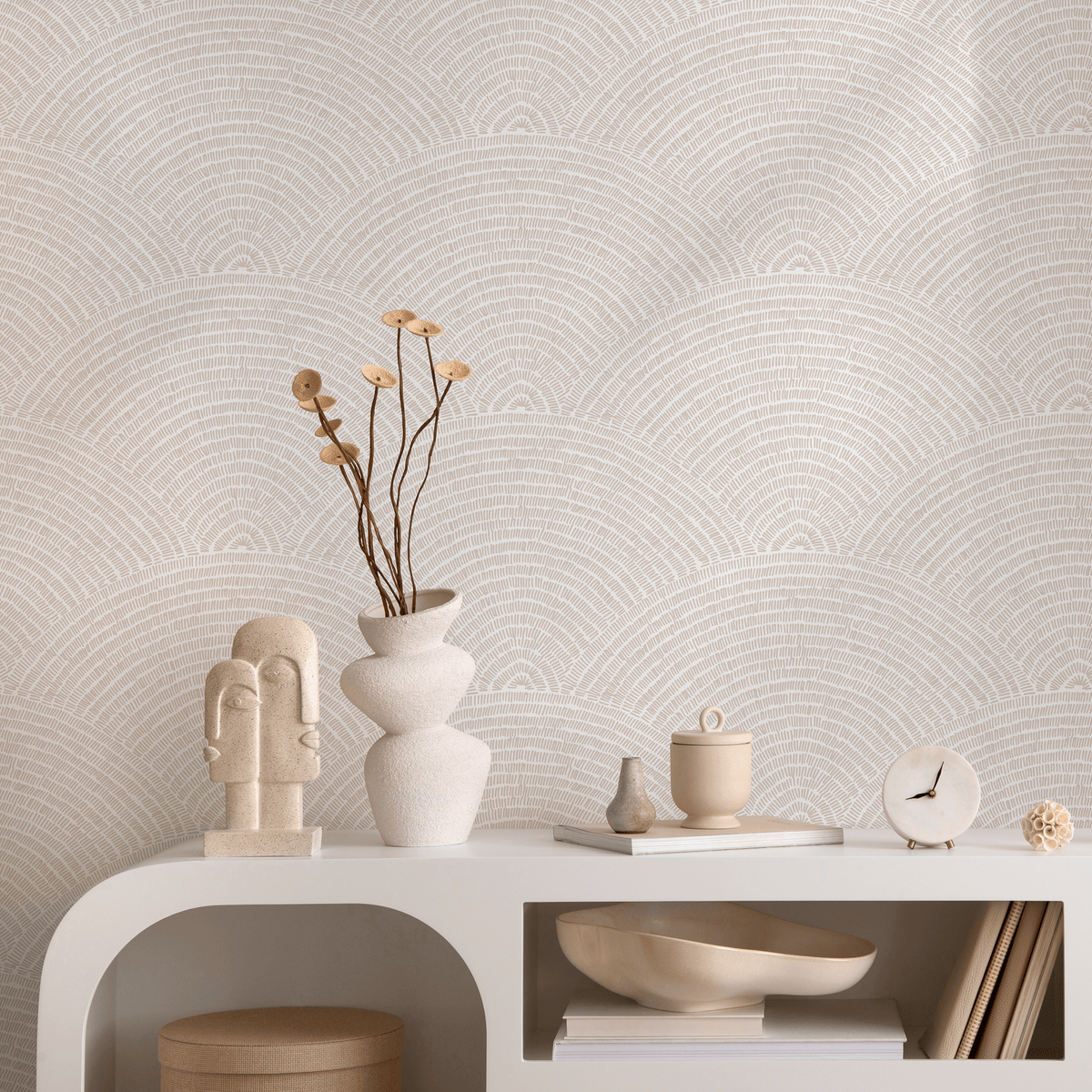 Modern Minimalist Scalloped Arch Wallpaper in Beige and White - detail view