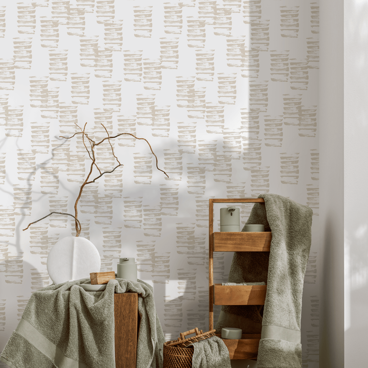 Abstract Wallpaper with Horizontal Brushstrokes in Beige - detail view