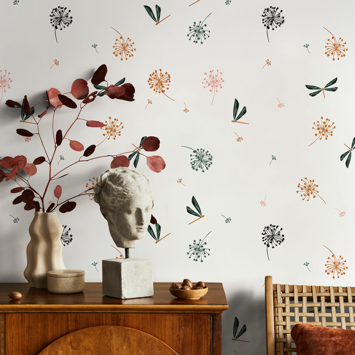 Botanical Wallpaper with Dandelions and Dragonflies in Green, Orange, and Pink - detail view