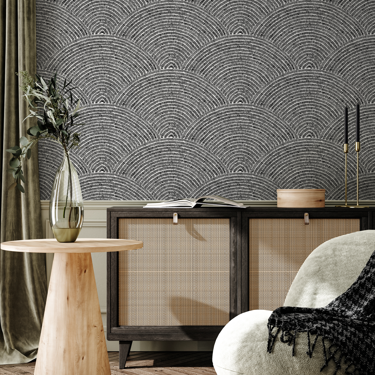 Scalloped Arch Motif Wallpaper in Black and White - detail view