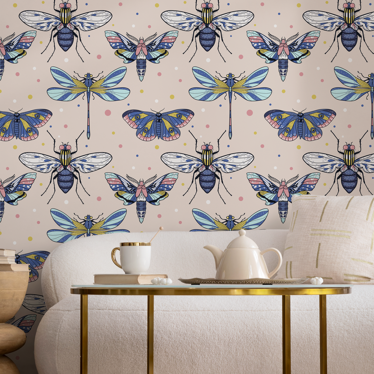 Insect Wallpaper Featuring Moths and Dragonflies in Blue, Pink, and Yellow - detail view