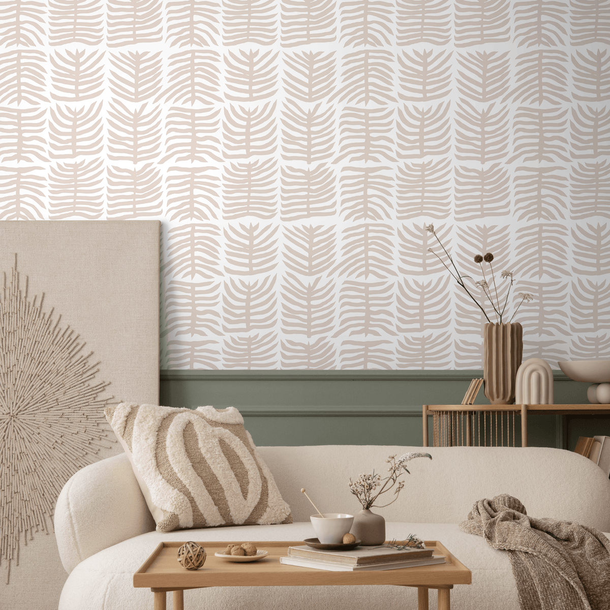 Botanical Wallpaper with a Stylized Leaf Motif in Beige - detail view