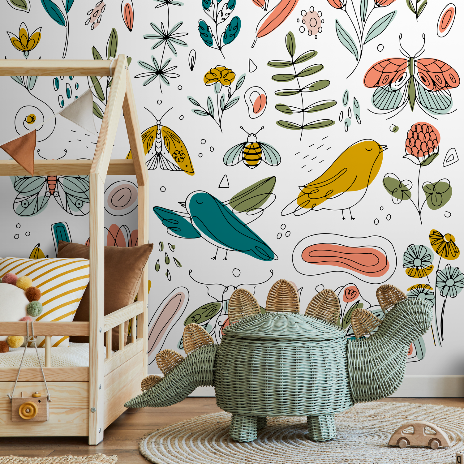 Papier peint autocollant amovible, décoration d'intérieur, art mural, décoration de chambre / Papier peint mignon à motifs floraux et papillons - B982
