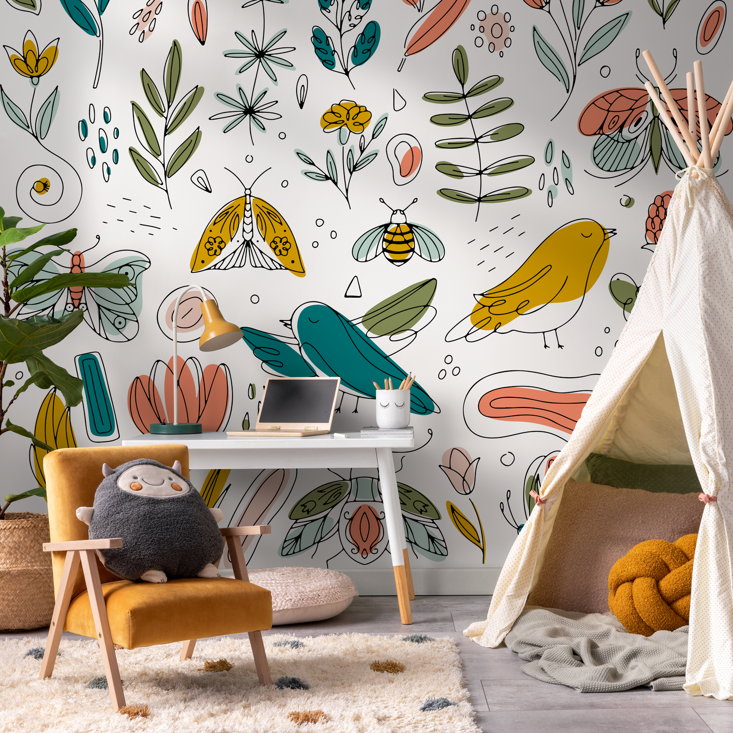 Papier peint autocollant amovible, décoration d'intérieur, art mural, décoration de chambre / Papier peint mignon à motifs floraux et papillons - B982