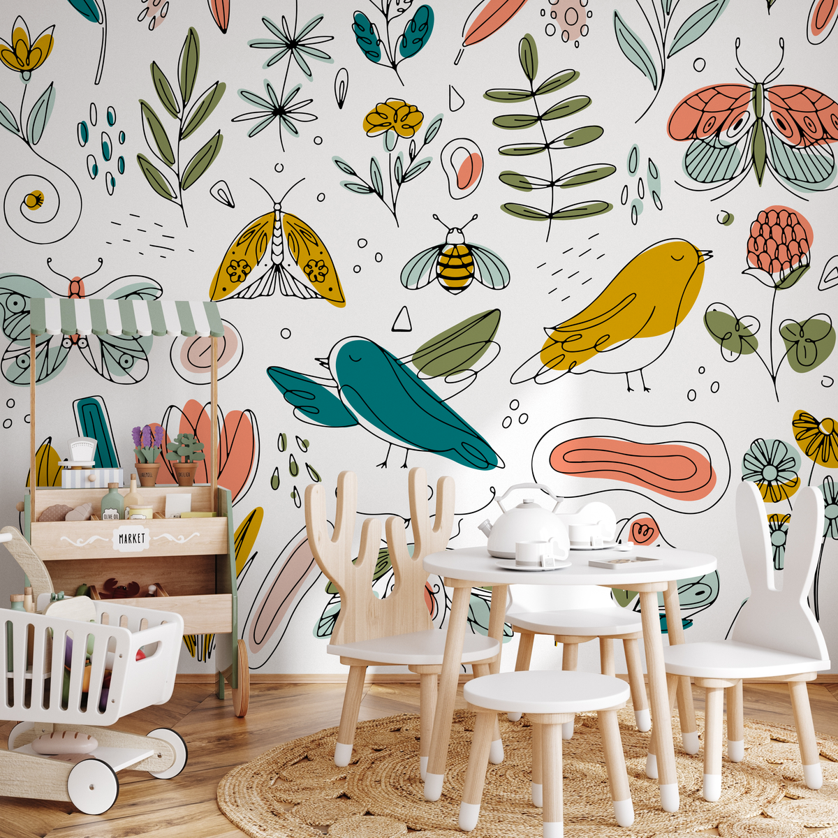 Illustrative Wallpaper with Whimsical Flora and Fauna in Yellow, Teal, and Pink - detail view