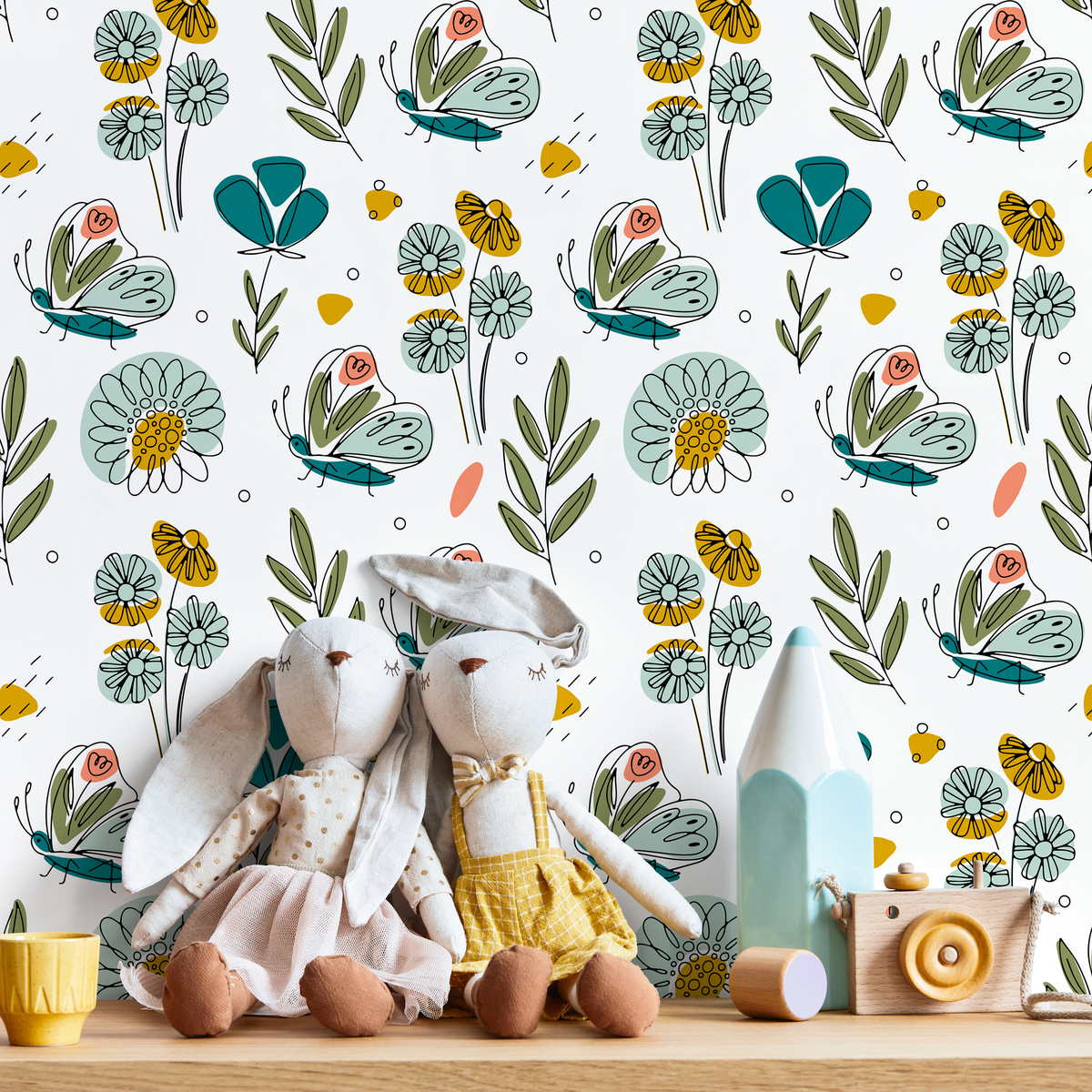Botanical Wallpaper with Whimsical Butterflies and Flowers in Teal, Yellow, and Green - detail view
