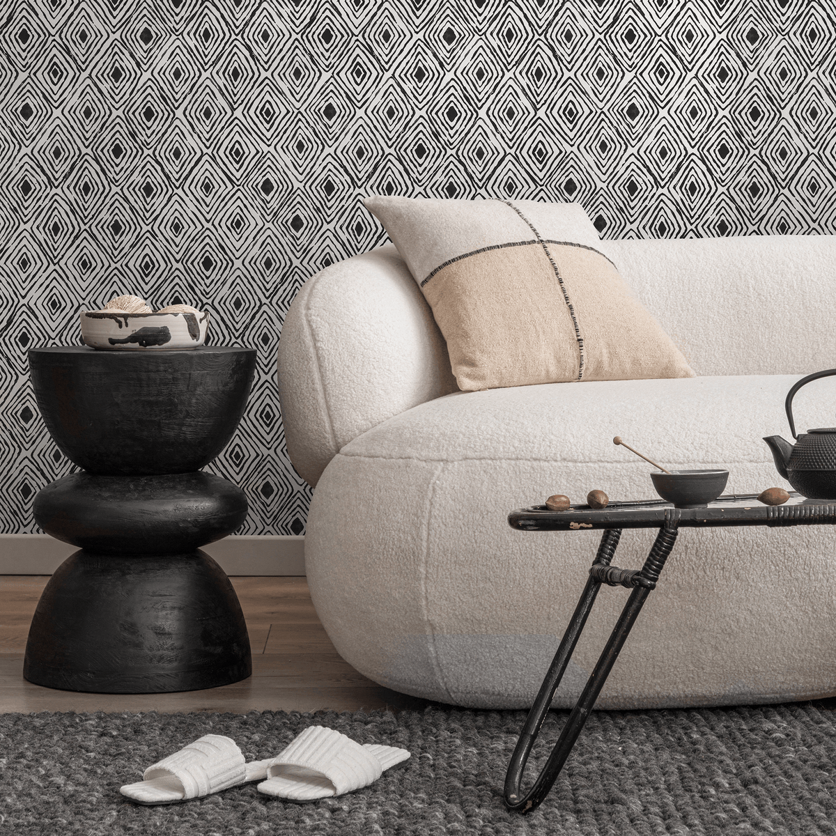 Geometric Wallpaper with a Tribal Diamond Motif in Black and White - detail view