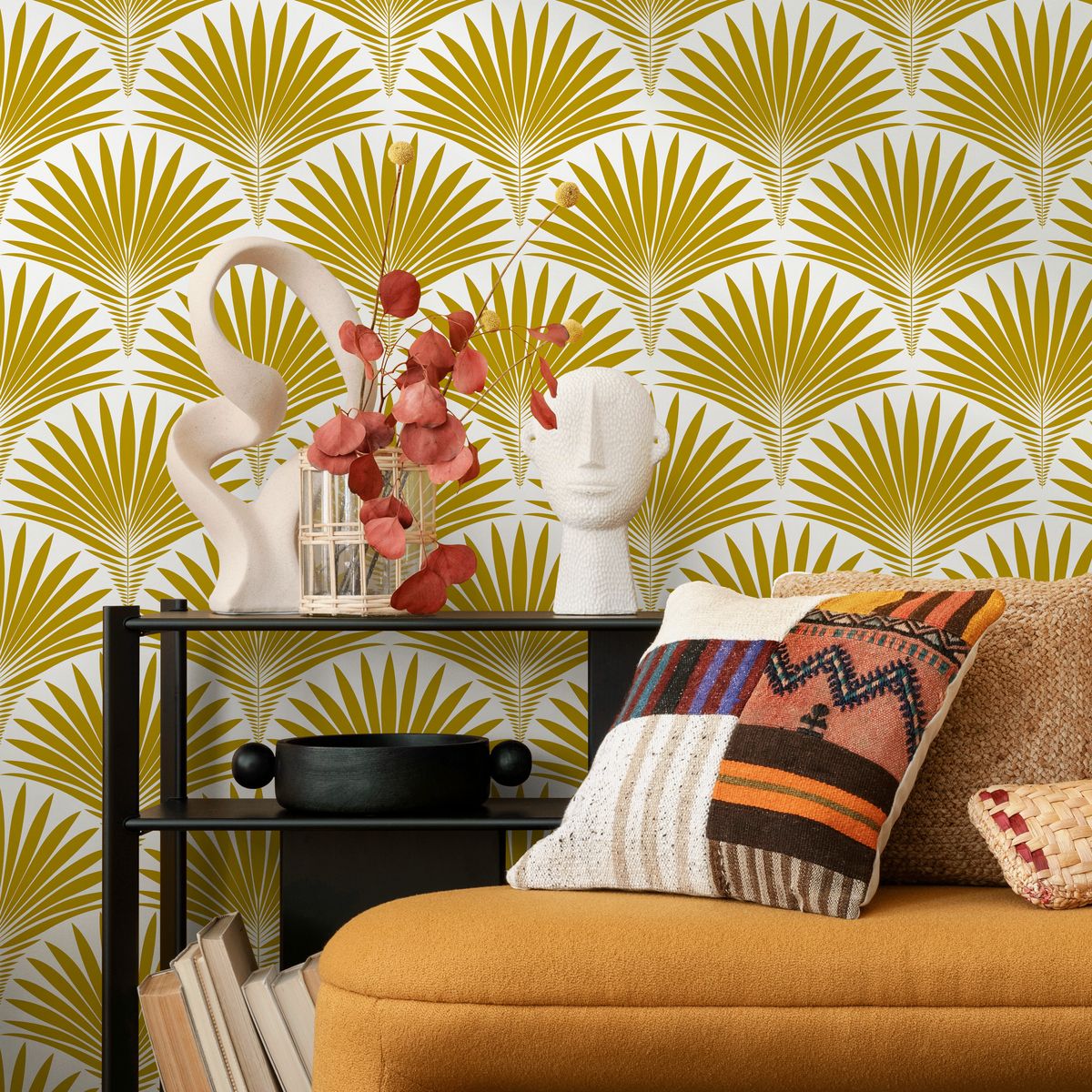 Art Deco Wallpaper with a Stylized Palm Frond Motif in Mustard Yellow - detail view