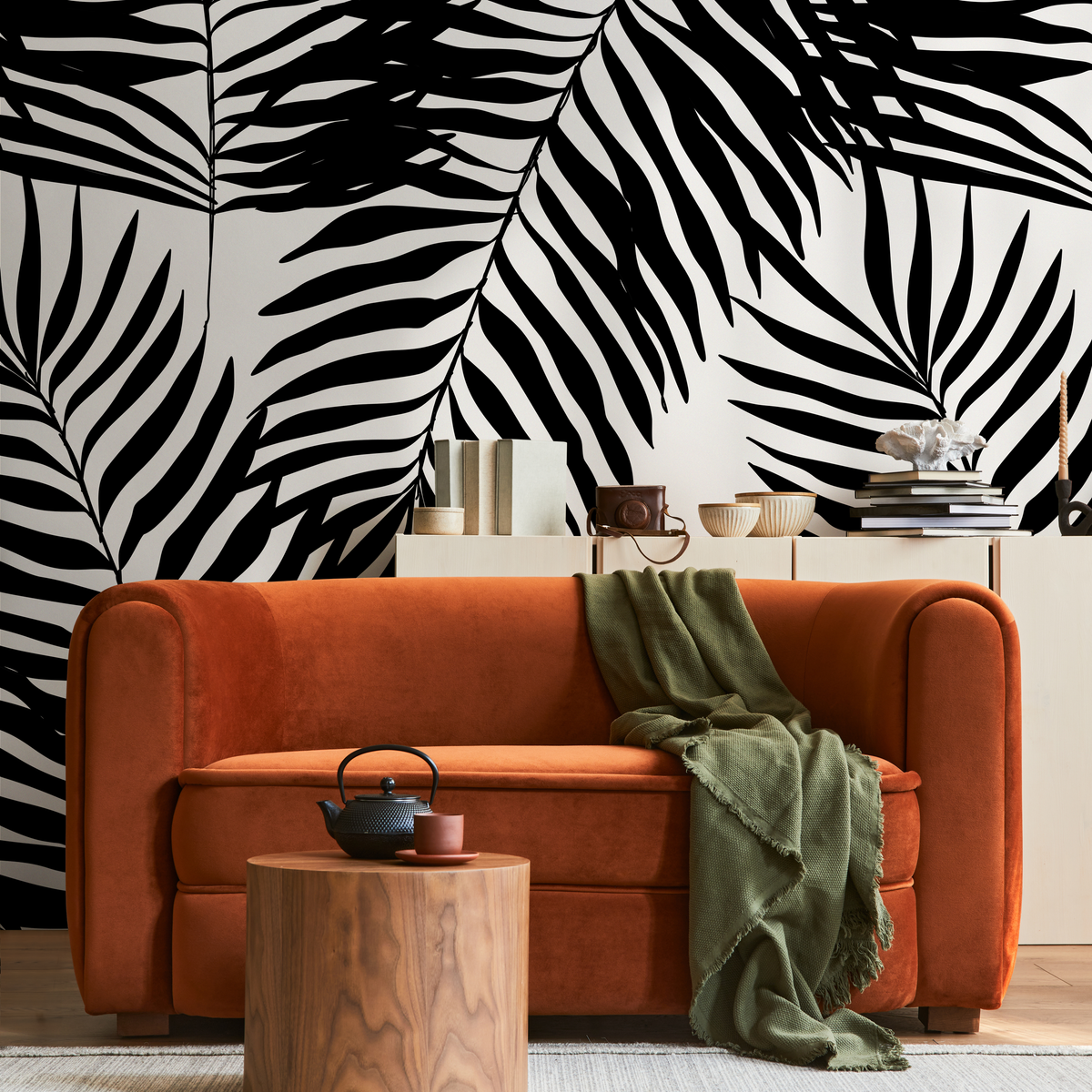Botanical Wallpaper with Bold Palm Fronds in Black and White - detail view