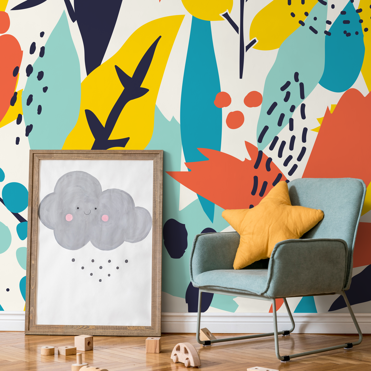 Abstract Wallpaper with a Bold Collage Motif in Yellow, Teal, and Orange - detail view