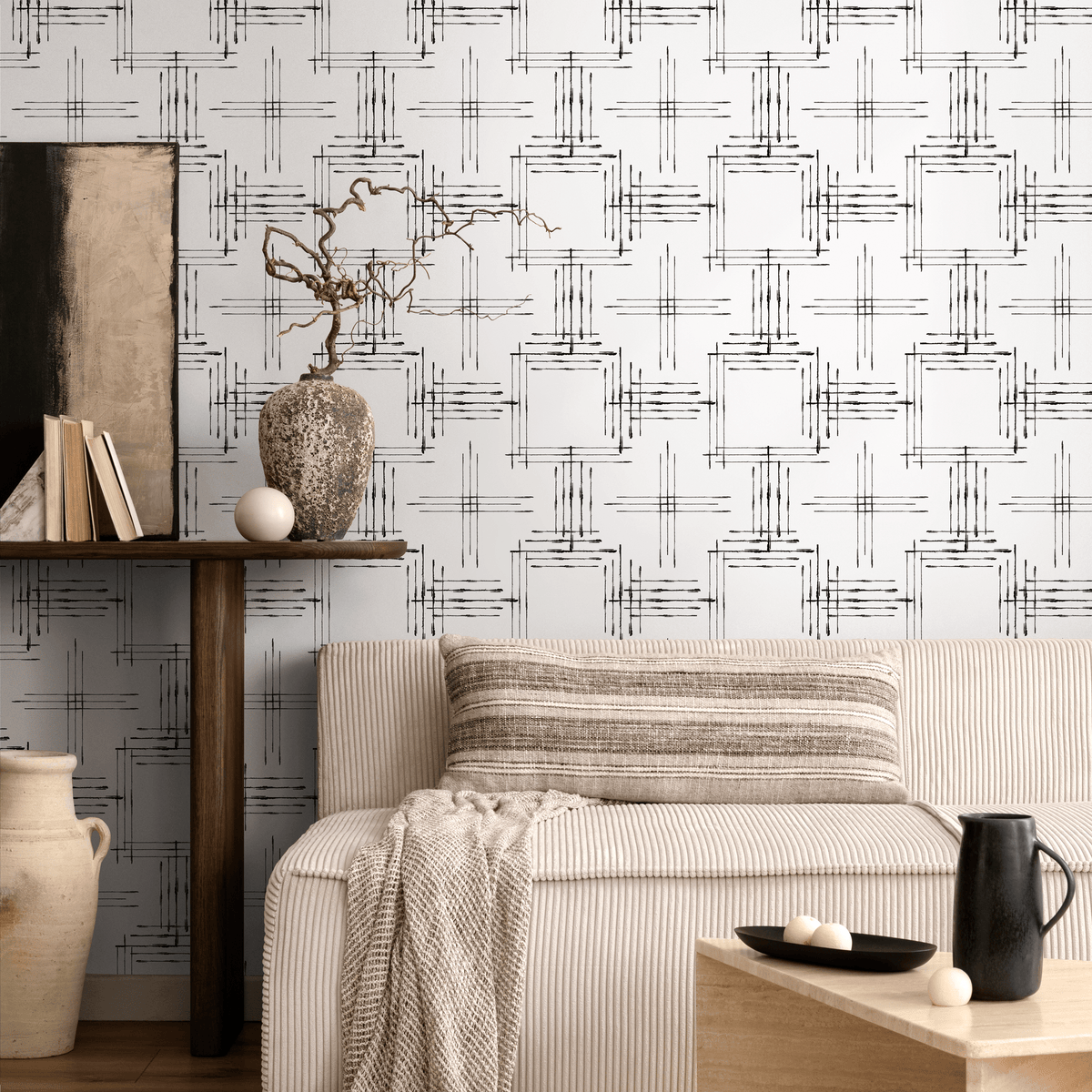 Geometric Wallpaper with a Sketched Grid Motif in Black and White - detail view