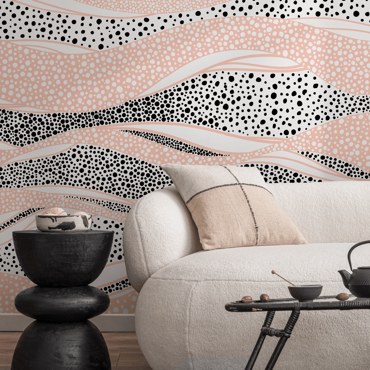 Abstract Wallpaper with Wavy Bands of Dots in Pink, Black, and White - detail view