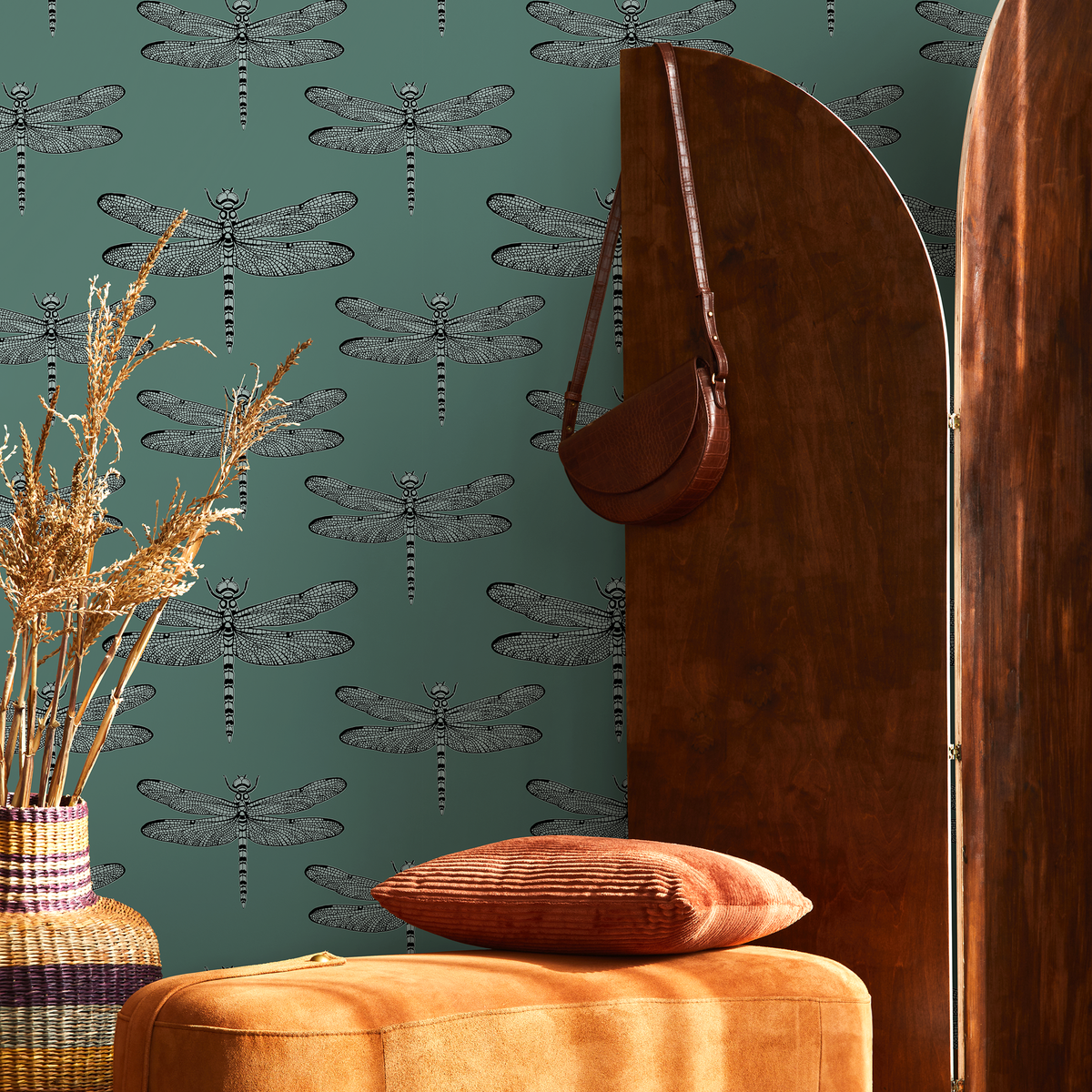 Vintage Insect Wallpaper with a Detailed Dragonfly Motif in Teal and Black - detail view