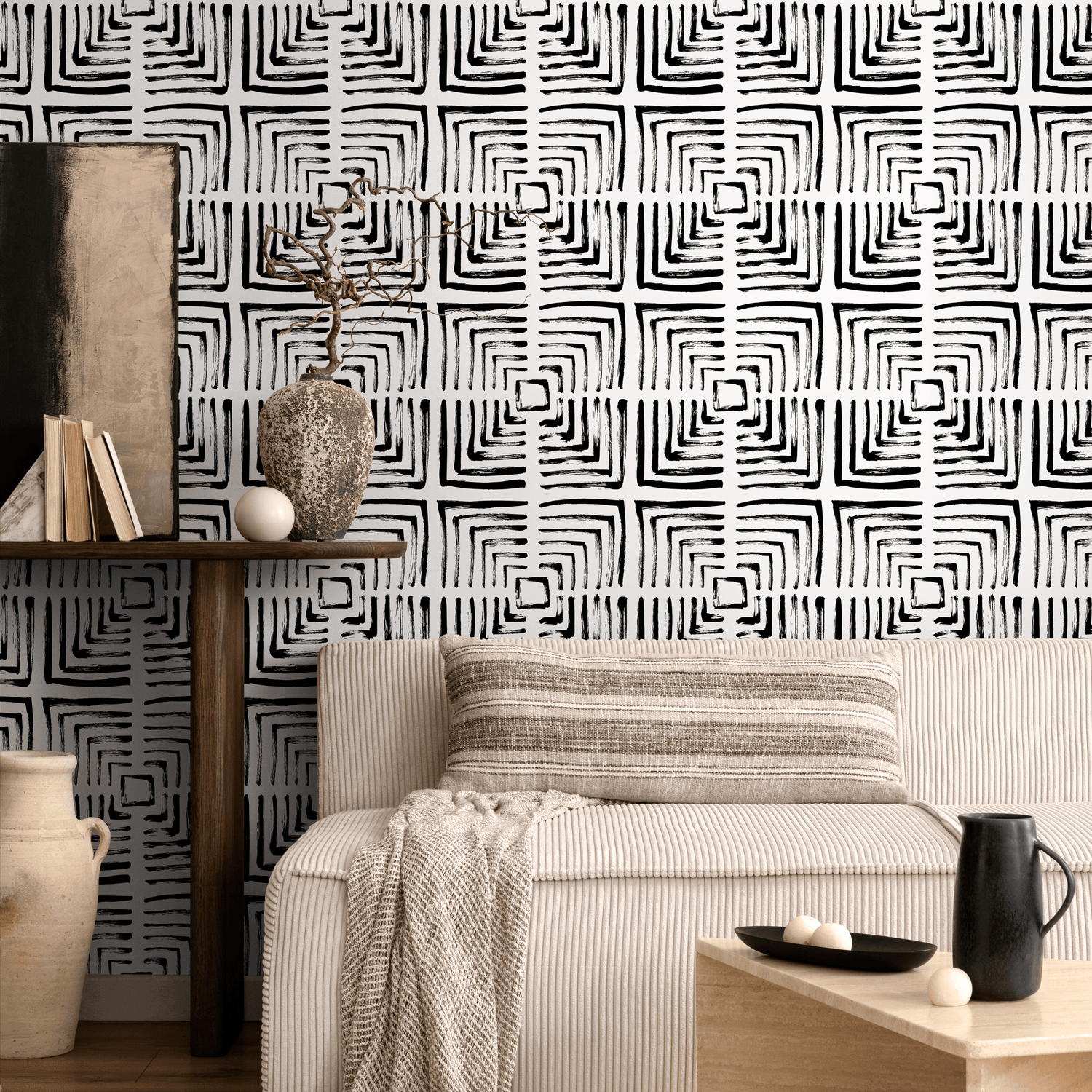 Papel pintado autoadhesivo, papel pintado extraíble, decoración del hogar, arte de pared, decoración de habitaciones, geométrico, blanco y negro - B997