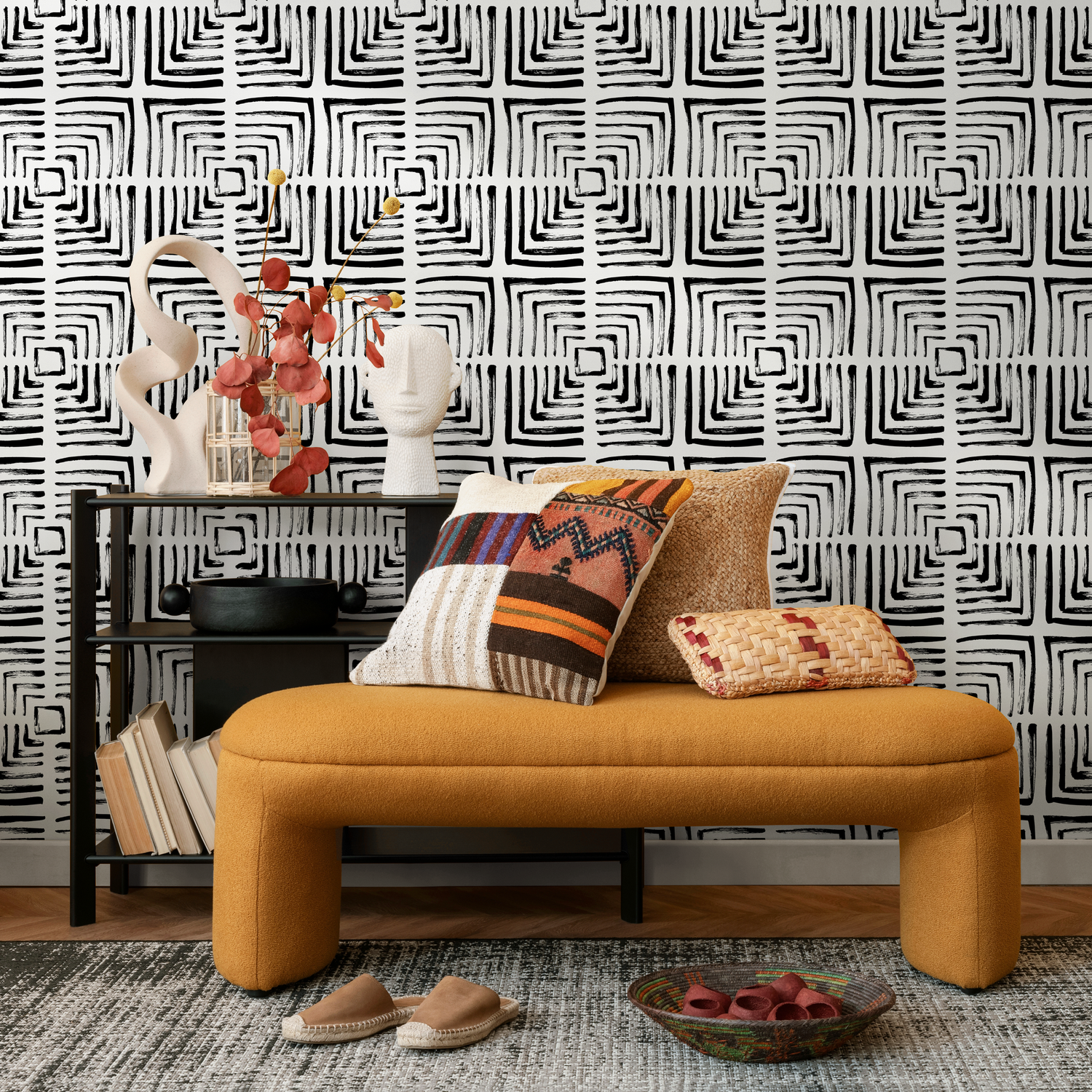 Papel pintado autoadhesivo, papel pintado extraíble, decoración del hogar, arte de pared, decoración de habitaciones, geométrico, blanco y negro - B997