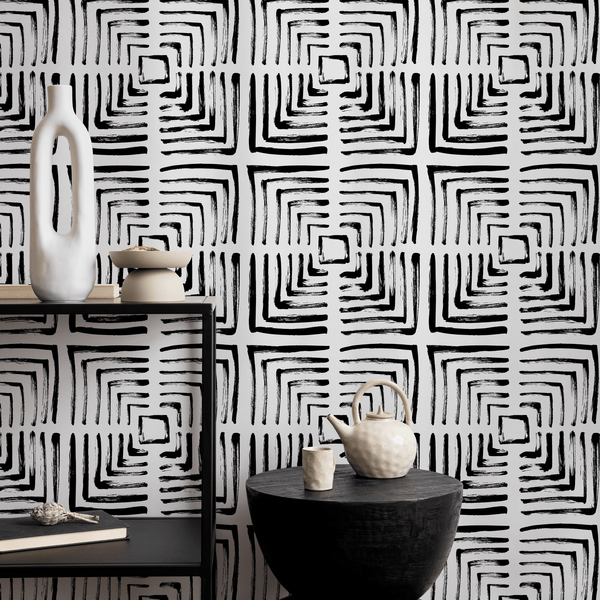 Geometric Wallpaper with a Brushstroke Maze Motif in Black and White - detail view
