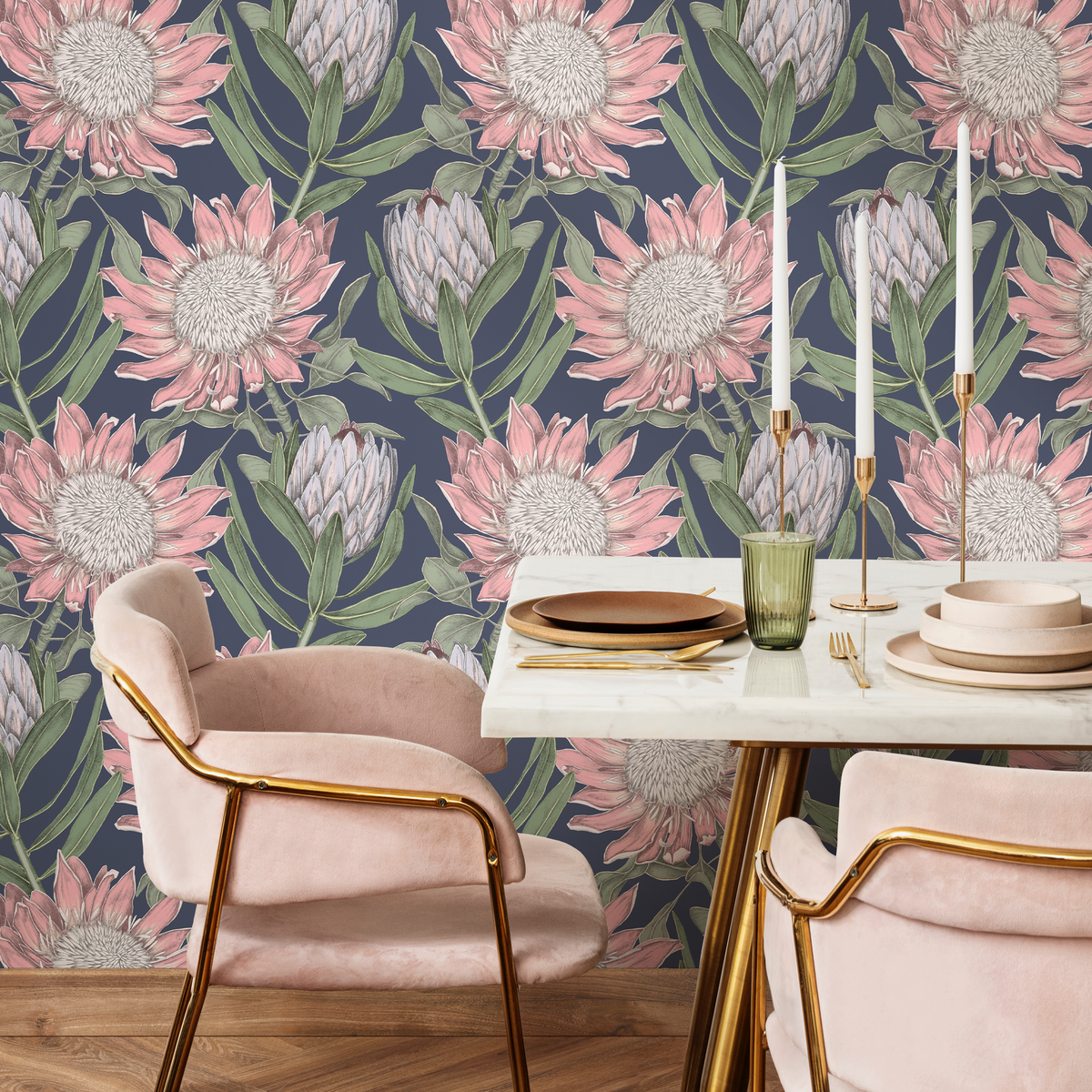 Botanical Wallpaper Featuring Protea Blooms in Pink, Green, and Navy Blue - detail view