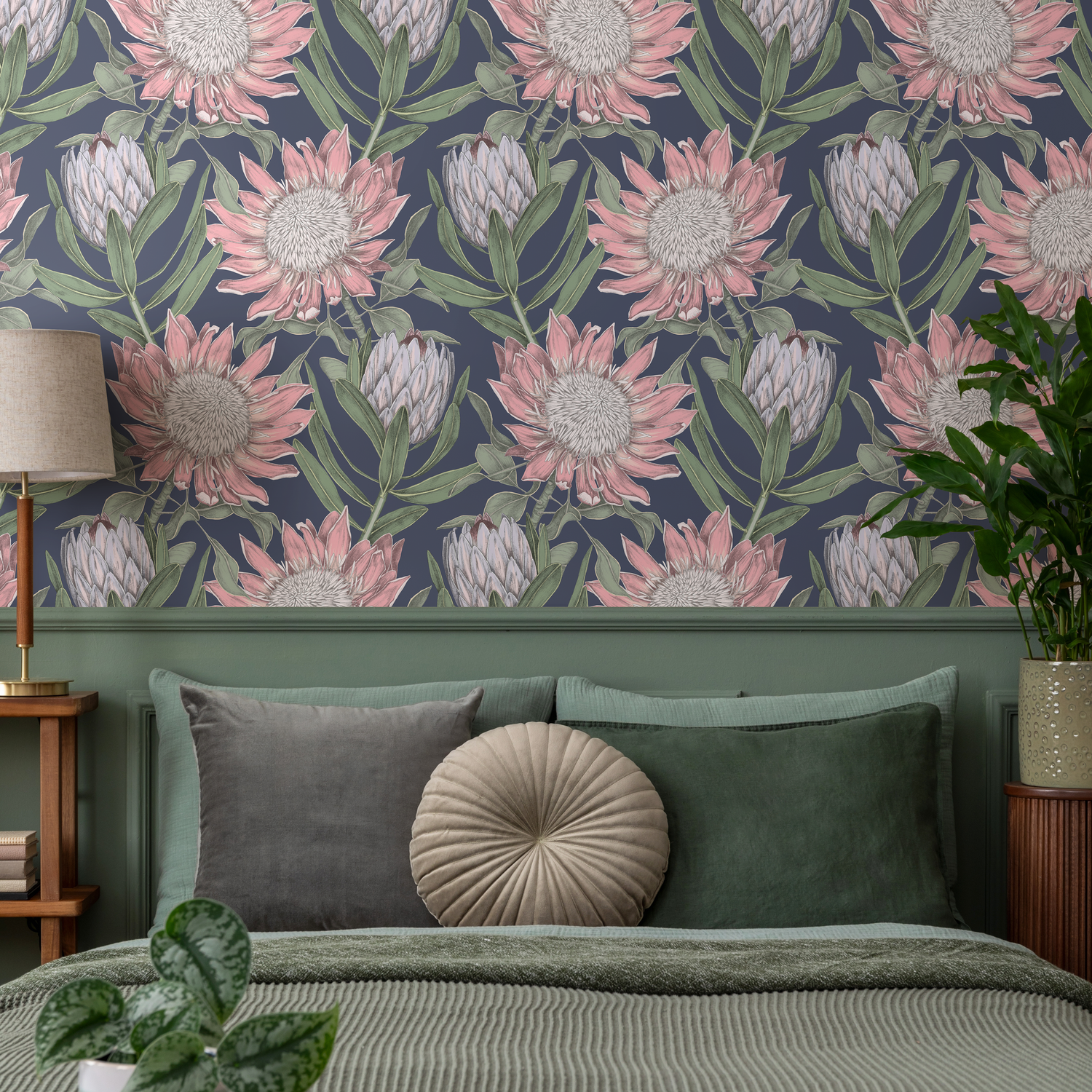 Botanical Wallpaper Featuring Protea Blooms in Pink, Green, and Navy Blue - B998